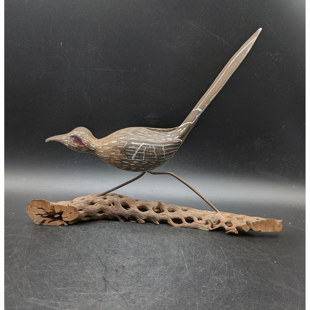 Vintage Hand Painted Wood Roadrunner Figurine on Cholla Cactus Wood Base Decor